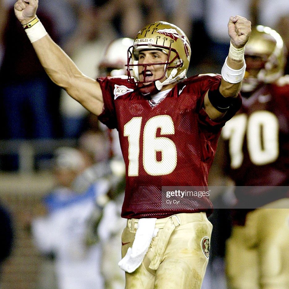 Florida State Quarterback Chris Rix celebrates a fourth quarter touchdown against North Carolina State University at Doak Stadium in Tallhassee, Florida on November 15th, 2003. FSU won by the score of 50 - 44 in double OT. (Photo by Cy Cyr/WireImage)